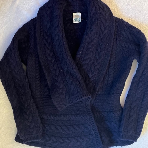 M  Irish Merino Wool Cable Knit Jacket  Navy Blue - Picture 1 of 11